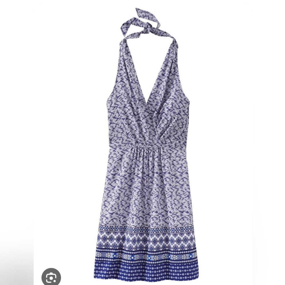 Athleta Go Anywhere Amalfi Blue Border Halter Dress, Size 14, Like New